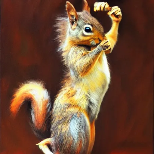 Prompt: oil painting of a muscular!!!! squirrel with bulging!! human!! biceps!!!!, 8 k, high quality