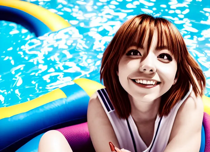 Image similar to closeup portrait of ochaco uraraka from my hero academia relaxing in jeans and a t - shirt on a floating pool chair, sunny, bright, reflections, intricate, sharp focus, lens flare, bloom, illustration, highly detailed, digital painting, concept art, matte, art by ruan jia and wlop and greg rutkowski, masterpiece
