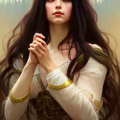 Image similar to a beautiful princess, long dark hair and bangs, fantasy, intricate, elegant, highly detailed, digital painting, artstation, concept art, matte, sharp focus, illustration, art by Artgerm and Greg Rutkowski and Alphonse Mucha