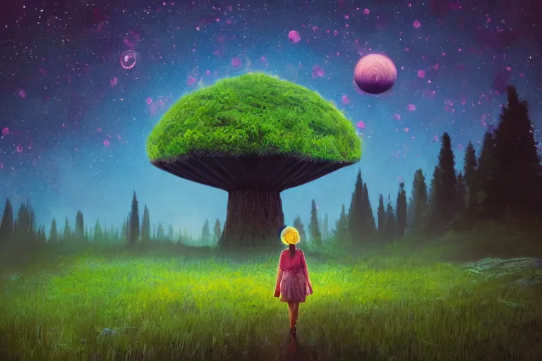 Prompt: giant daisy flower as a head, girl walking forest, big trees, hills, surreal photography, dark night, star trails, moon light, impressionist painting, clouds, digital painting, artstation, simon stalenhag