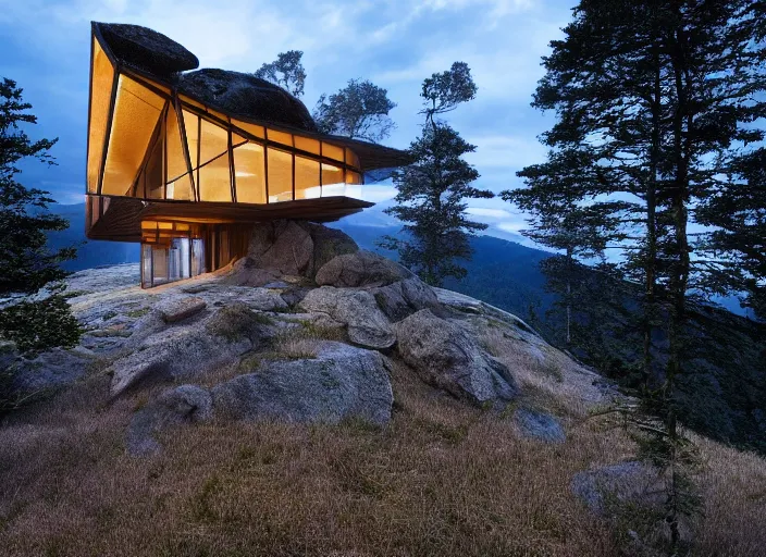 Image similar to a house built on top of a mountain, by ivan fedorovich, by ernesto strigelly choultse, cinematic lighting