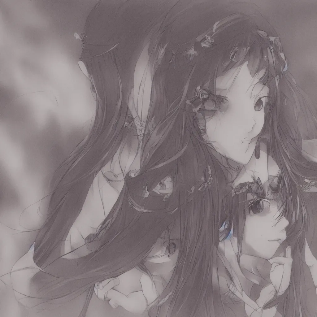 Image similar to extremely detailed picture of a princess close to the camera fading out of reality drawn by akihisa ikeda