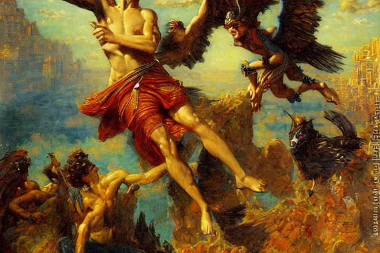 Prompt: portrait of the god hermes in modern times flying through a city to delivering pizza. art by gaston bussiere.