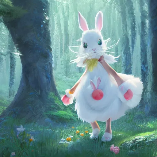 Image similar to concept art painting of an anthropomorphic white rabbit wearing a turquoise dress, in the deep forest, realistic, detailed, cel shaded, in the style of makoto shinkai and greg rutkowski and james gurney