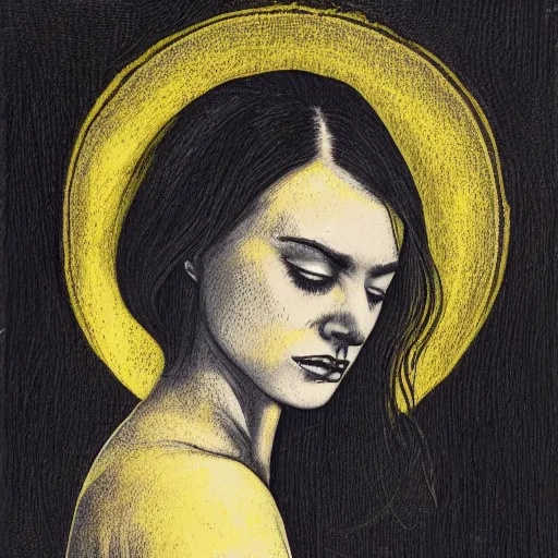 Image similar to monochrome yellow astrological portrait of a melancholic lady 3 6 years old, with name