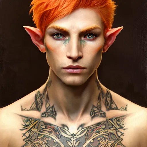 Prompt: portrait painting of an elven young man with short light orange hair and tribal tattoos on cheekbones wearing fur armor, ultra realistic, concept art, intricate details, eerie, highly detailed, photorealistic, octane render, 8 k, unreal engine. art by artgerm and greg rutkowski and charlie bowater and magali villeneuve and alphonse mucha