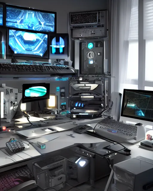 Image similar to scifi scene of a complex computer workstation in a small studio apartment room, many monitors, many electronics, very detailed, maximalism, unreal engine, hyper realism, realistic shading, cinematic composition, realistic render, octane render, detailed textures, photorealistic