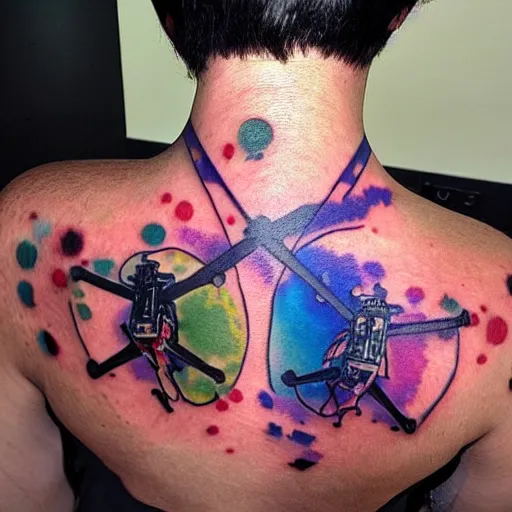 Prompt: backside on the shoulders is a tattoo of a 3 d hole in the skin with soft multicolored 3 d robotic mechanics and glowing computerparts and cables inside under the skin, insanely integrate,