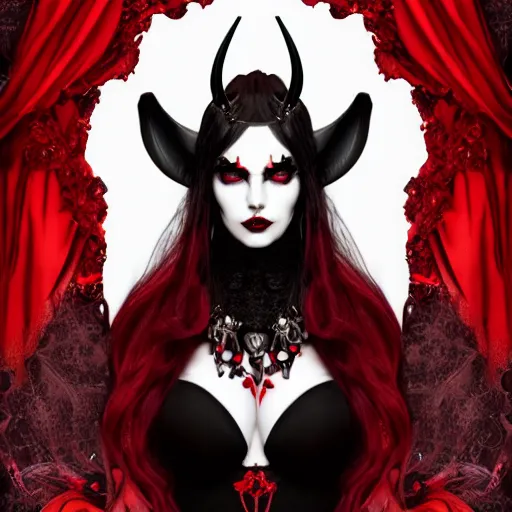 Prompt: bored looking succubus, portrait of a lady demon all dressed in black, beautiful face and eyes, horns on her head, black and red velvet fabric, highly detailed, white accents, cel shaded, cinematic shot, trending on artstation, high quality, detailed and chaotic background, brush strokes all over, by tom bagshaw and jama jurabaev