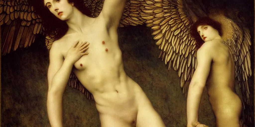 Image similar to a detailed painting of a beautiful archangel, beautiful face and body, halo of sacred light, magical mood, muted tones, by fernand khnopff, jean delville, caravaggio, epic composition, exquisite details, dark mood,