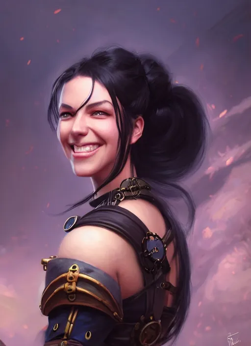 Image similar to a _ fantasy _ style _ portrait _ painting _ of woman, ponytail black hair, smile, round face, steampunk rpg dnd oil _ painting _ unreal _ 5 _ daz. _ rpg _ portrait _ extremely _ detailed _ artgerm _ greg _ rutkowski _ greg