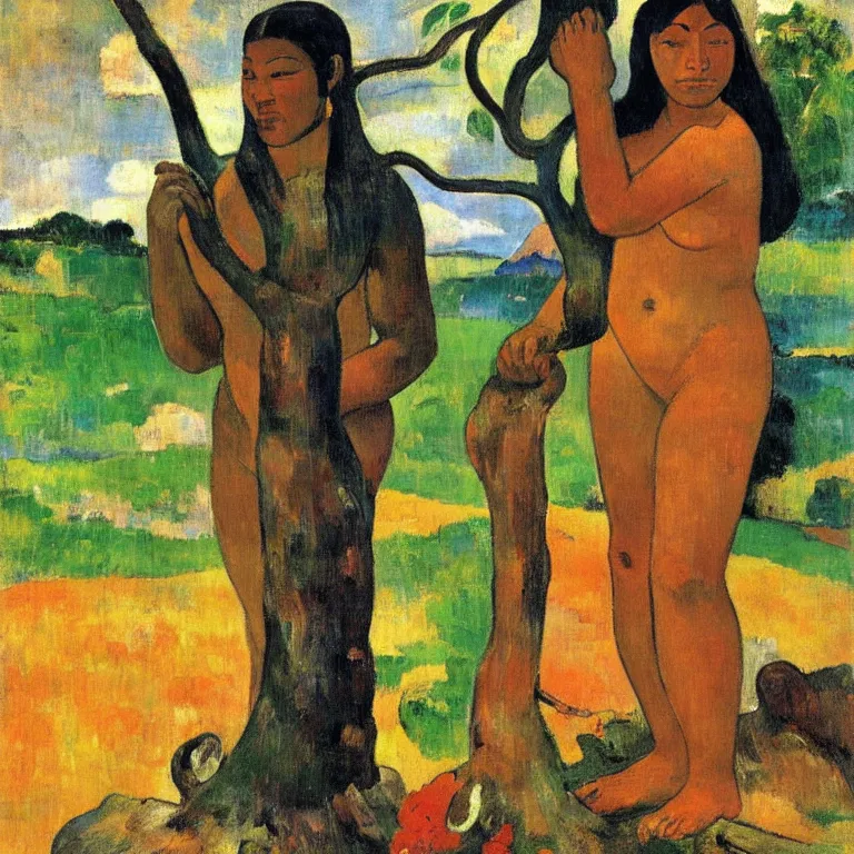 Prompt: Woman from Tahiti sculpting the god of love from a tree trunk. Painting by Gauguin