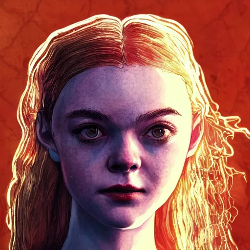 Prompt: Elle Fanning in the painted world of Dark Souls, head and shoulders masterpiece, apocalypse, golden hour, cosmic horror, artstation, in the style of Dada, extremely detailed