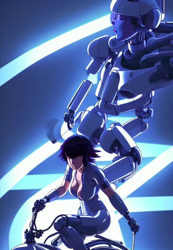 Image similar to a fullbody pose of motoko kusanagi riding a tachikoma, ghost in the shell : : connected to cables, under repairs, maintenance area, technicians : : by ilya kuvshinov, rossdraws, artgerm, sola digital arts, anti aliasing, raytracing : :