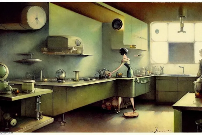 Prompt: ( ( ( ( ( 1 9 5 0 s retro science fiction kitchen interior scene. muted colors. ) ) ) ) ) by jean - baptiste monge!!!!!!!!!!!!!!!!!!!!!!!!!!!!!!