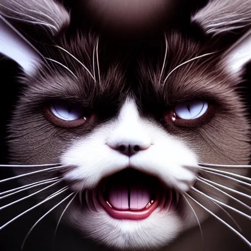 Image similar to cute chthonic fluffy grumpy cat by Ayami Kojima, Beksinski, Giger, vray render, 50mm lens, bottom angle