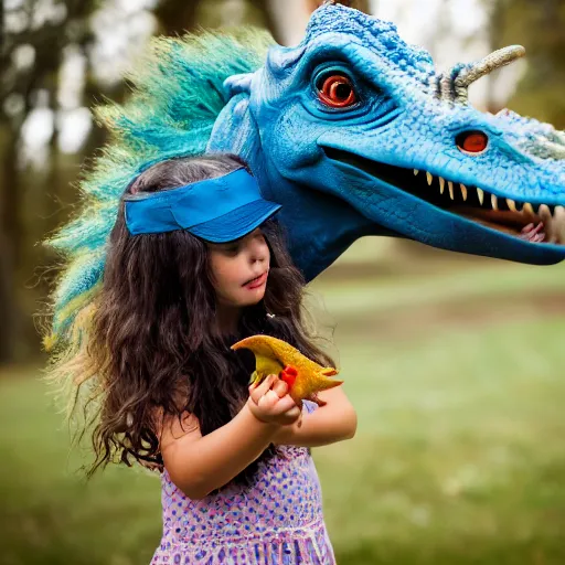 Prompt: color shot of a young girl playing with her pet dinosaurs, photorealistic,8k, XF IQ4, 150MP, 50mm, F1.4, ISO 200, 1/160s, natural light