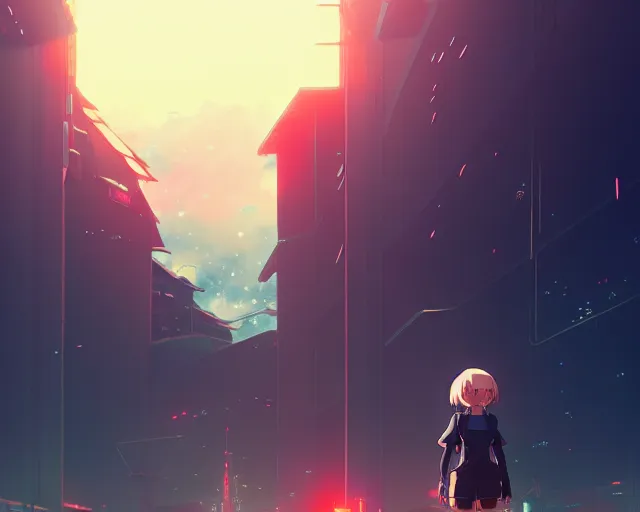 Image similar to anime illustration of a menacing planet sized mech, in ruined city, wide shot, bokeh, ilya kuvshinov, anime, pixiv top monthly, trending on artstation, cinematic, danbooru, zerochan art, kyoto animation