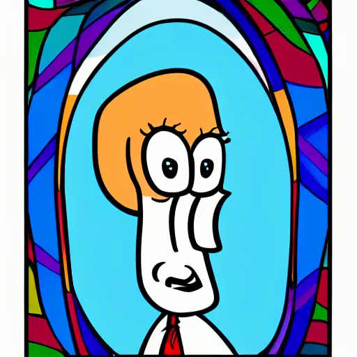 Image similar to cartoon style, strong chin, handsome squidward portrait, vivid colors