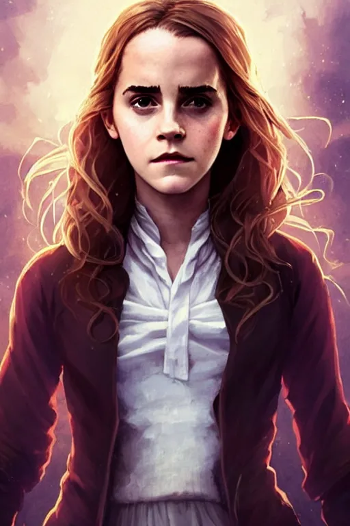 Image similar to Poster artwork, Emma Watson as Hermione Granger, wearing hogwarts!!! robes!!!, magnificent, close up, details, sharp focus, elegant, highly detailed, illustration, by Jordan Grimmer and greg rutkowski and PiNe(パイネ) and 薯子Imoko and 香川悠作 and wlop!!!! and maya takamura, intricate, beautiful, sunset!!!, Trending artstation, pixiv, digital Art