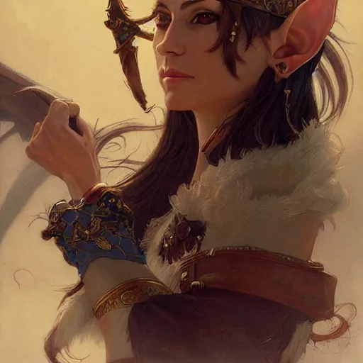 Image similar to a stunningly detailed portrait of a female elf as a pirate captain, intricate, elegant, highly detailed, digital painting, artstation, concept art, sharp focus, illustration, art by greg rutkowski and alphonse mucha