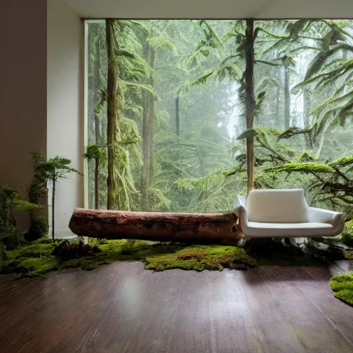 Prompt: living room interior with temperate rainforest aesthetic. live redwood furniture and objects. moss floor. volumetric atmospheric interior fog. fallen log furniture.