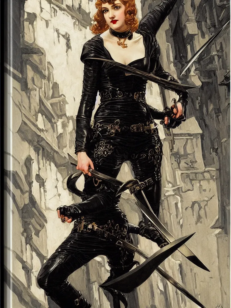 Prompt: portrait of a young woman as a thief wearing black leather armor and wielding a dagger in a dark alleyway, fantasy, intricate, elegant, art by j. c. leyendecker