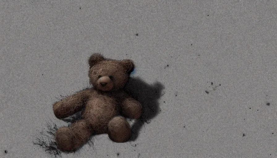 Prompt: teddy bear on a dusty floor covered by cobwebs, dark background, hyperdetailed, artstation, cgsociety, 8 k