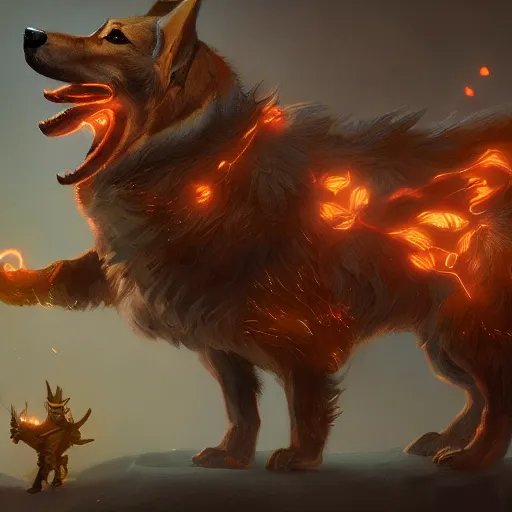 Prompt: d & d character art, corgi thaumaturgist, extremely intricate, glowing, magical, fantasy, hyperrealistic digital painting, greg rutkowski, trending on artstation