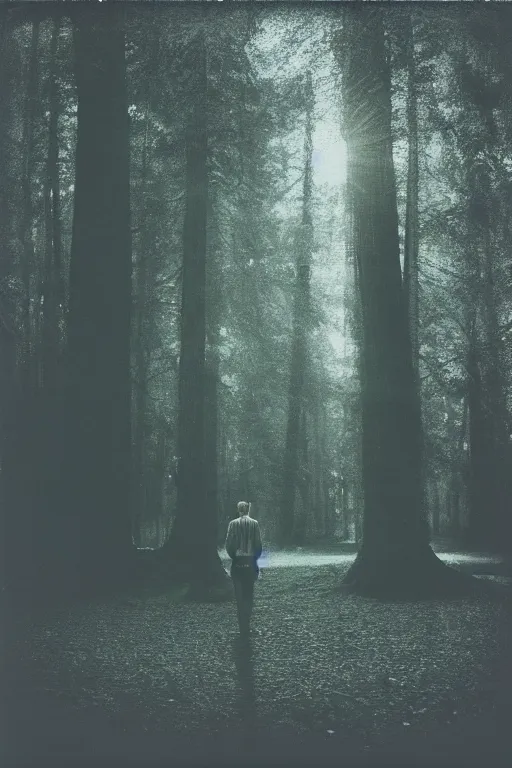 Image similar to square polaroid photo of a guy with standing in a dark fantasy forest, back view, lens flare, moody lighting, moody vibe, telephoto, 9 0 s vibe, blurry background, grain, tranquil, calm, faded!,