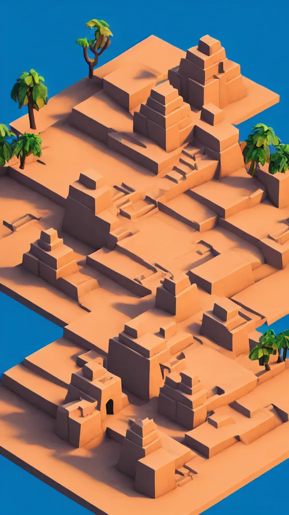 Image similar to matte 3 d low poly scene of a desert temple, lat lighting, isometric perspective on tropical beach background, soft shadows, 3 d render, monument valley, fez game,