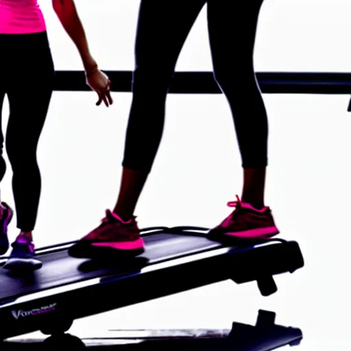 Prompt: A woman walking on a treadmill with her dog walking on a smaller treadmill next to her