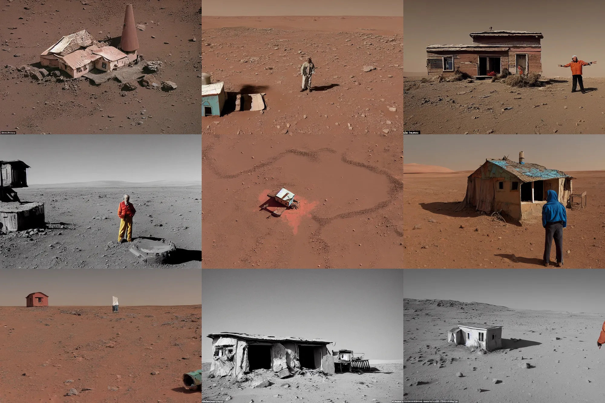 Image similar to an old rickety Soviet village house stands alone on Mars next to which a local resident stands and waves his hand, colourful