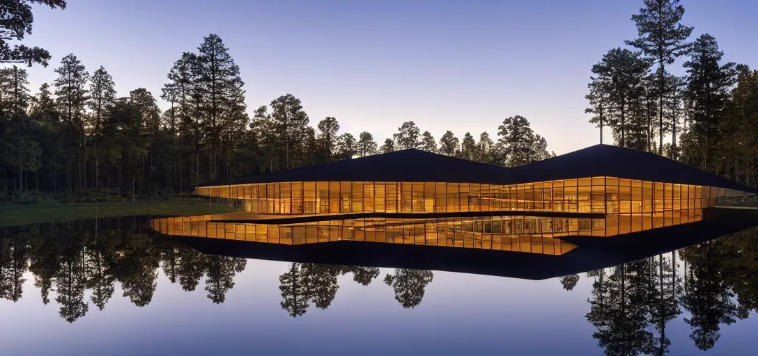 Image similar to faceted roof planes lift and descend creating shade and architectural expression, highly detailed, situated in the forest, next to a highly reflective lake, at dusk, vivid color