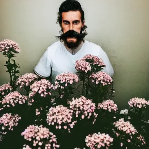 Image similar to photo portrait of a man with a moustache no beard standing in front of flowers, tumblr contest winner, aestheticism, masculine, aesthetic