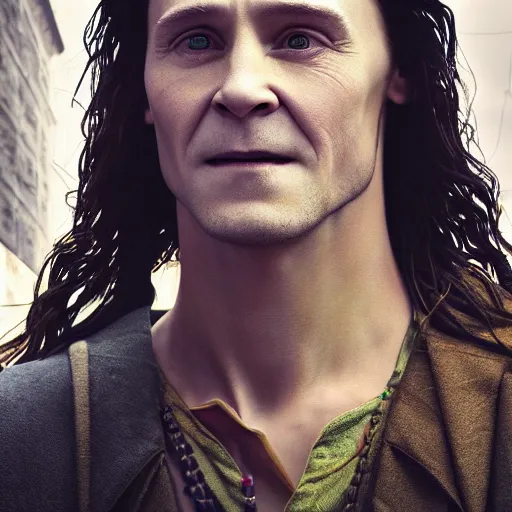 Image similar to portrait of a young loki, street pic, depth of field, zeiss lens, detailed, symmetrical, centered, fashion photoshoot, by annie leibovitz and steve mccurry, david lazar, moebius, breathtaking, 8 k resolution, extremely detailed, beautiful, establishing shot, artistic, hyperrealistic, beautiful face, octane render