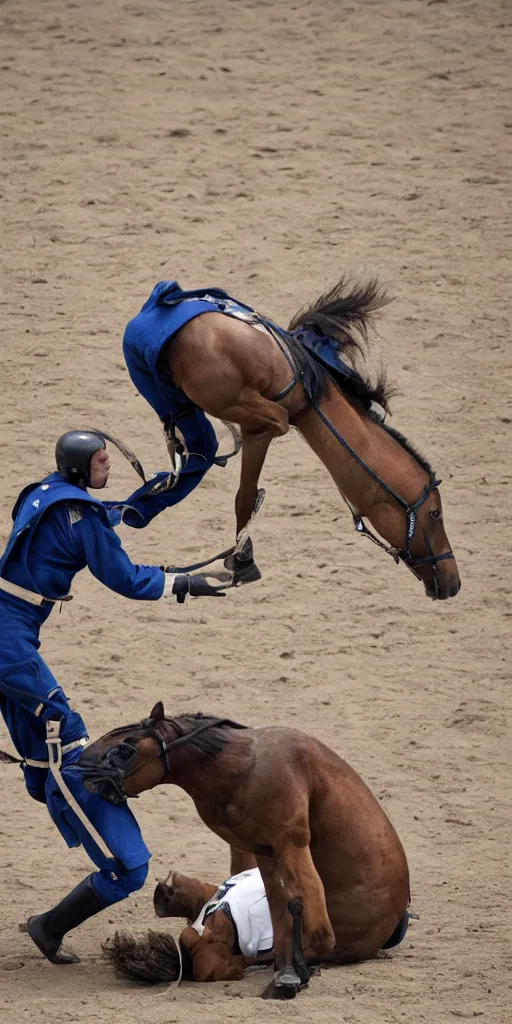 Image similar to horse wrestles astronaut on all fours on hands and knees in grappling in closed guard on mount position