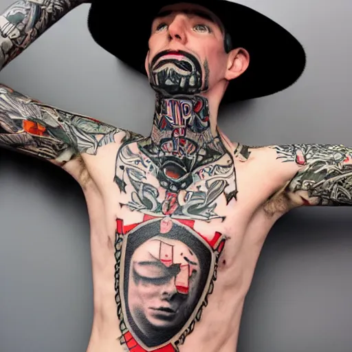 Image similar to skinny white male with american traditional tattoos, wearing black hat, action figure,