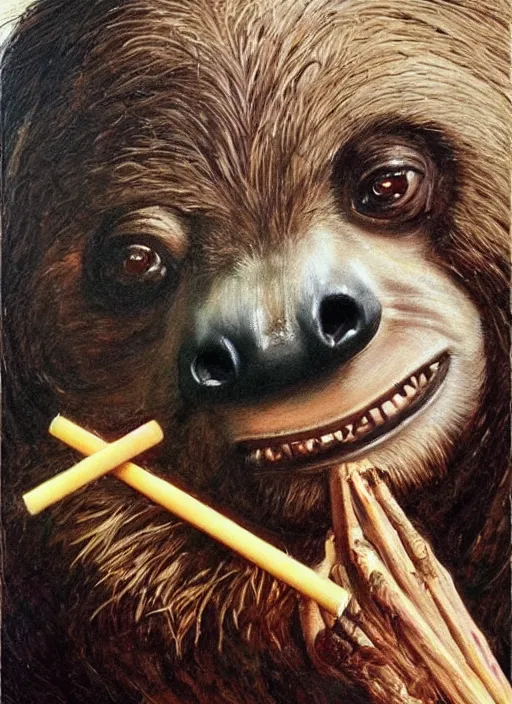 Image similar to ultra realistic portrait painting of a sloth smoking a joint, vaguely resembling snoop dogg, art by frank frazetta, 4 k, ultra realistic, highly detailed, epic lighting