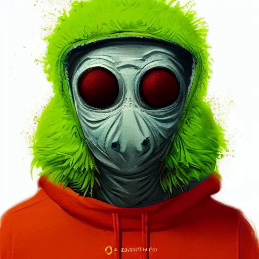 Image similar to a tennis ball monster , orange hoodie, cherub wings, balaclava, digital art, fantasy, magic, trending on artstation, ultra detailed, professional illustration by Basil Gogos