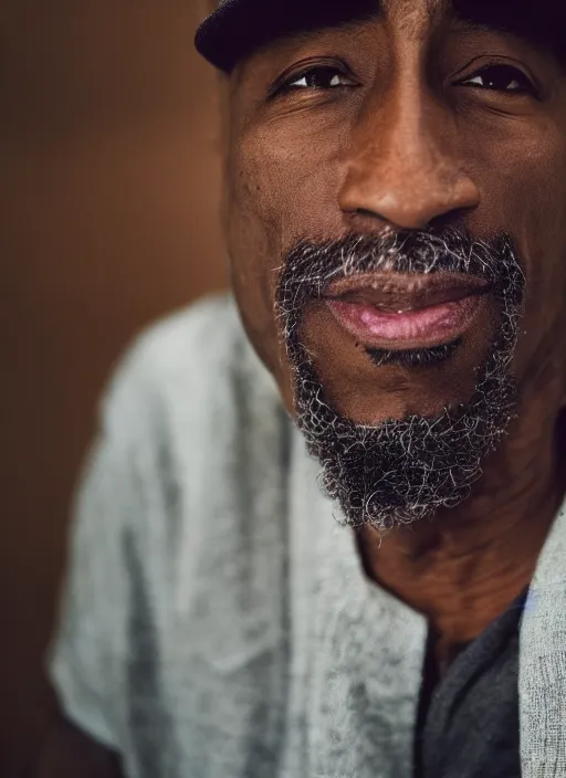 Image similar to dslr photo portrait still of 5 0 year old age 5 0 tupac at age 5 0!!!, 8 5 mm f 1. 8