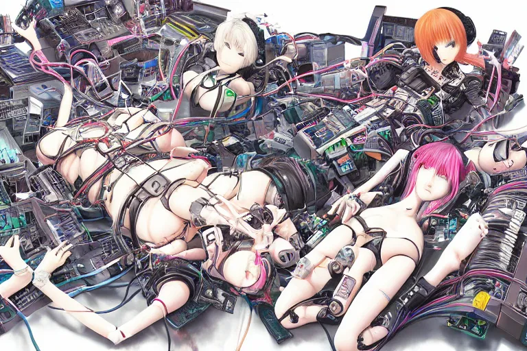 Prompt: cyberpunk anime illustration of a group of female android dolls lying on an empty white background in various poses with their bodies open showing a mess of wires and cables coming out, by katsuhiro otomo and masamune shirow, hyper-detailed, colorful, beautiful, manga, bird view