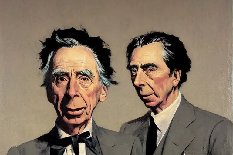 Prompt: “portrait of Bertrand Russell as secret agent, by Robert McGinnis”