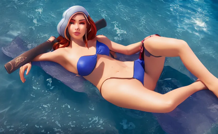 Image similar to beautiful render of pool party Caitlyn (league of legends) laying down in hawaii beach, 3d, octane render, realistic, highly detailed, Disney
