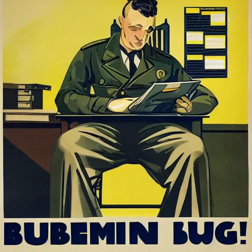 Prompt: a man sleeping at a computer is stung by a bumblebee, ww 2 allied propaganda poster, no text, highly detailed