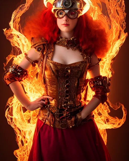 Image similar to a beautiful image of a young woman, steampunk Chandra queen of fire, big googles over her head, long flowing hair glowing with fire, steampunk costume mostly red and gold young female face, cinematic top lighting, insanely detailed and intricate, face by wlop, Charlie Bowater, golden ratio, symmetric, elegant, ornate, luxury, elite, matte painting, cinematic, trending on artstation, deviantart and cgsociety, 8k, high resolution