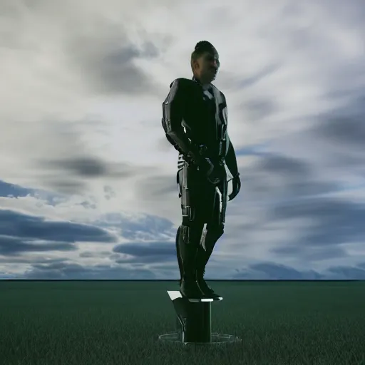 Image similar to A Samoan in futuristic clothing standing on a translucent podium in the middle of a vast field at night.