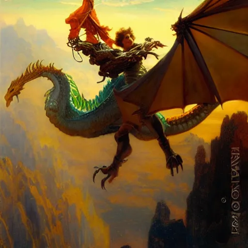 Image similar to stunning male master wizard flying with a dragon, highly detailed painting by gaston bussiere, craig mullins, j. c. leyendecker, 8 k