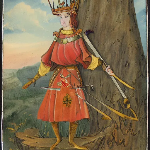 Prompt: an anthropomorphic poppy flower wears an iron breastplate with a gilded crown crest on it, holding a sword and shield as if she's ready for battle, standing next to a large tree stump that seems to be made out of white marble or stone