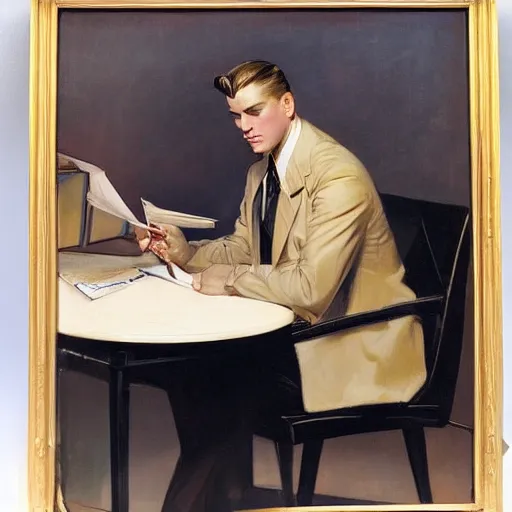 Prompt: man in desk with coffee and black suit by leyendecker and dean cornwell, 5 feet distance from the camera